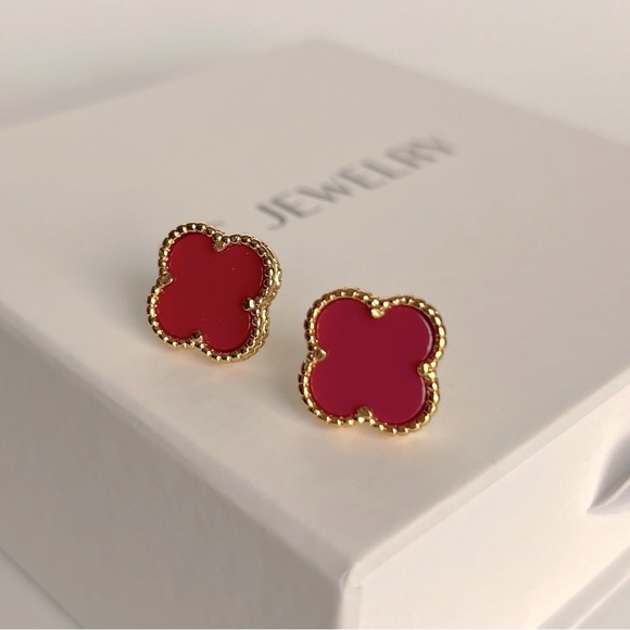 Rose Red Clover Stud Earrings Onyx Stone Luxury Jewelry - Picture 4 of 11